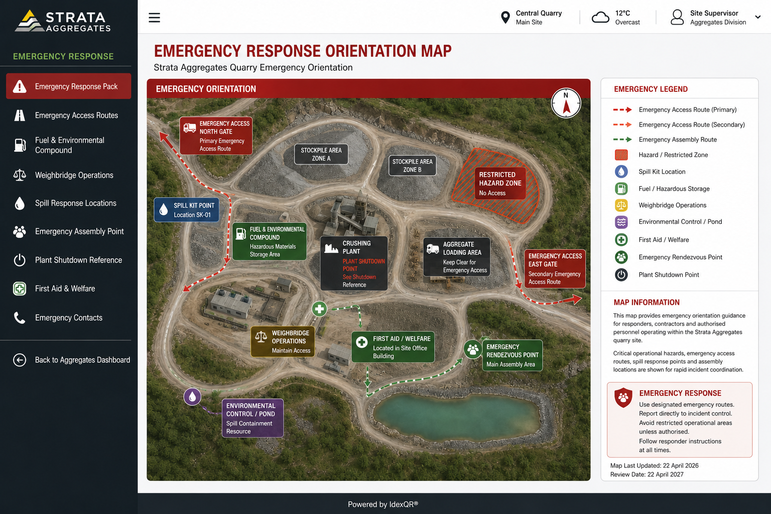 Strata Aggregates emergency response map showing emergency access routes, muster points and safe areas, fuel and spill response zones, plant movement areas, restricted access areas and environmental protection points.
