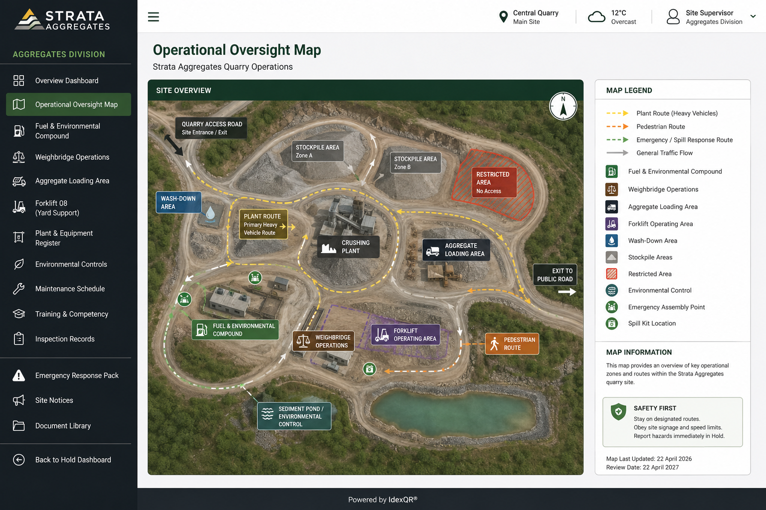 Strata Aggregates operational oversight map showing plant routes, stockpile zones, weighbridge operations, temporary hired crusher zone and extended grading-line
       activity, environmental controls and restricted areas.