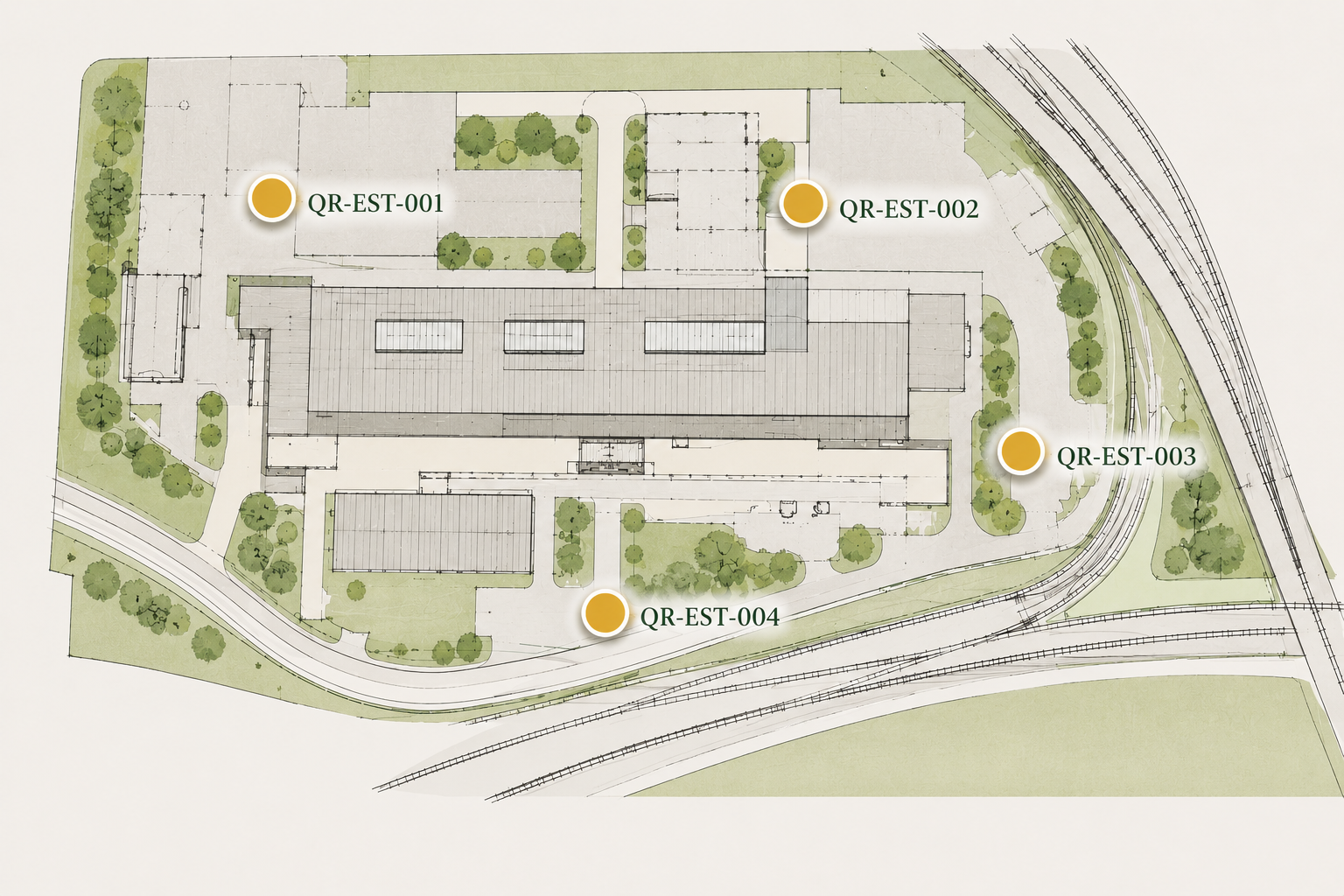 Oakfield Depot operational map showing QR points, access routes, drainage areas and utility zones.