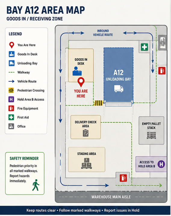 Bay A12 area map showing goods-in intake routing, inspection flow and pallet movement guidance.