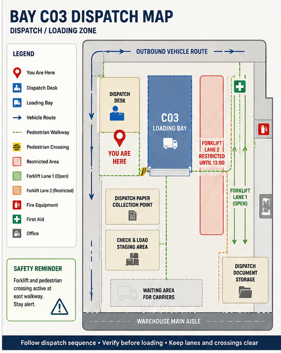 Bay C03 dispatch area map showing dispatch routing and temporary movement guidance.