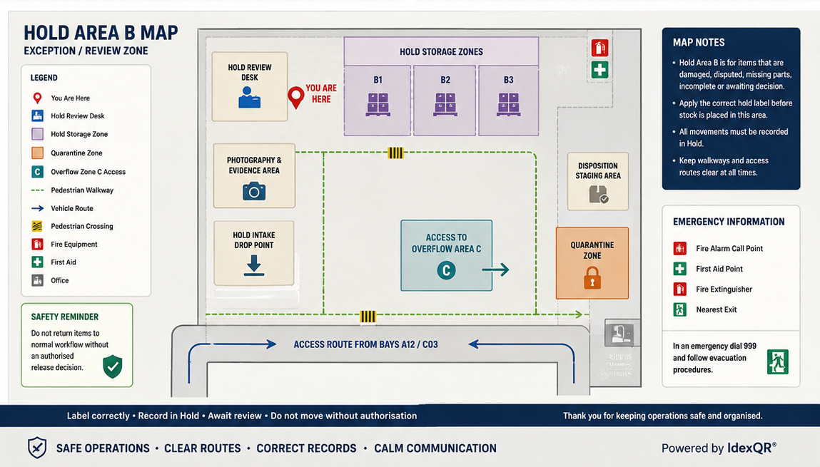 Hold Area B map showing controlled stock holding, quarantine routing and pallet movement guidance.