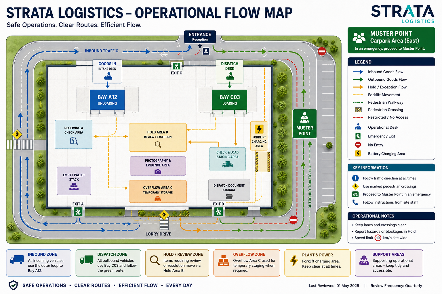Shared Strata Logistics operational map showing goods-in, dispatch, hold review and forklift movement areas.